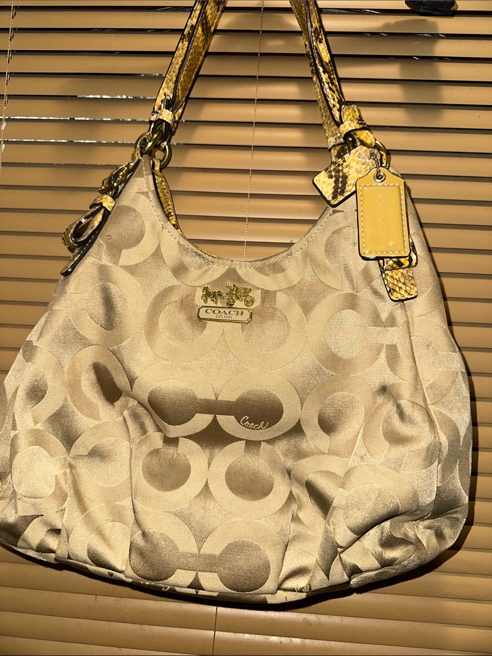 Coach Beige Signature Hobo Bag with Yellow Snake-Print Trim